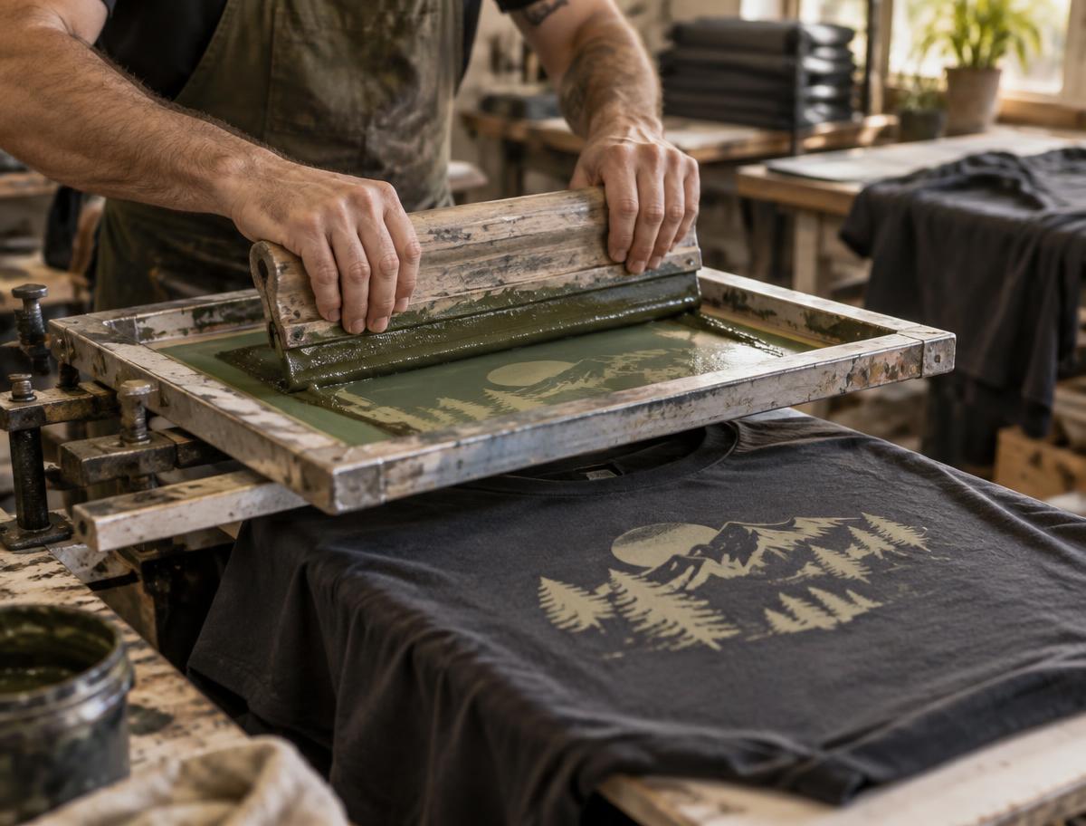 A shirt being printed in a professional workshop