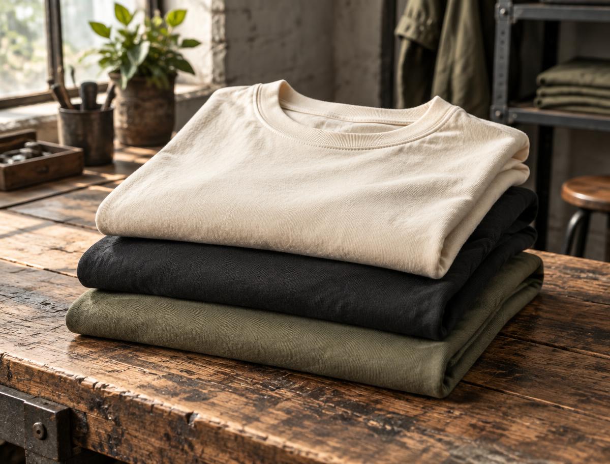 A stack of premium cream, charcoal, and olive T-shirts